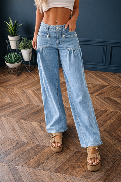Damskie Spodnie Szerokie Z Kieszeniami Na Patki